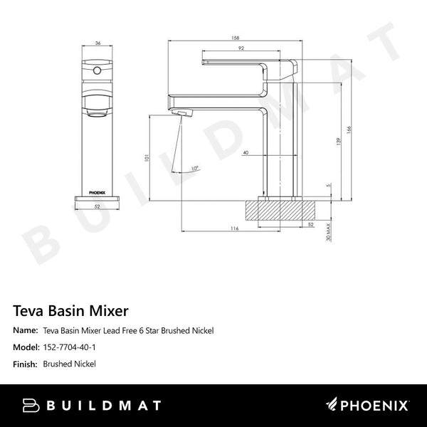 Phoenix Teva Basin Mixer Lead Free 6 Star Brushed Nickel