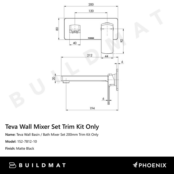 Phoenix Teva Wall Basin / Bath Mixer Set 200mm (Trim Kit Only) Matte Black