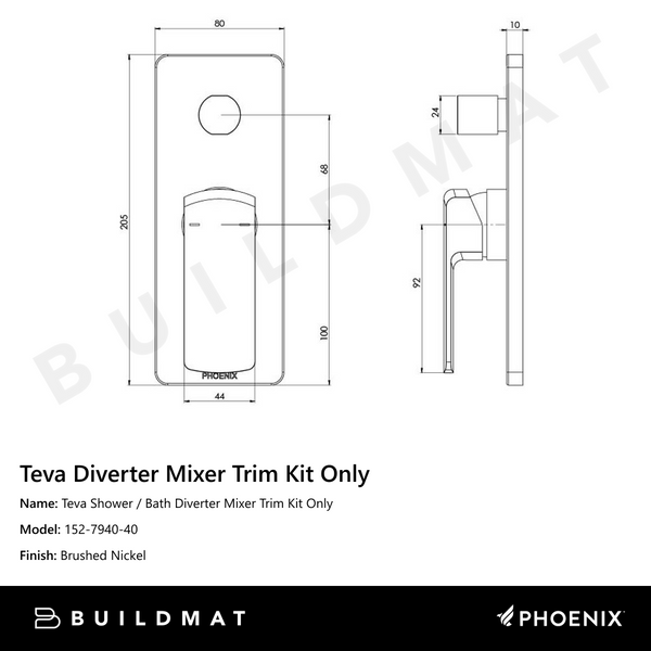 Phoenix Teva Shower / Bath Diverter Mixer (Trim Kit Only) Brushed Nickel