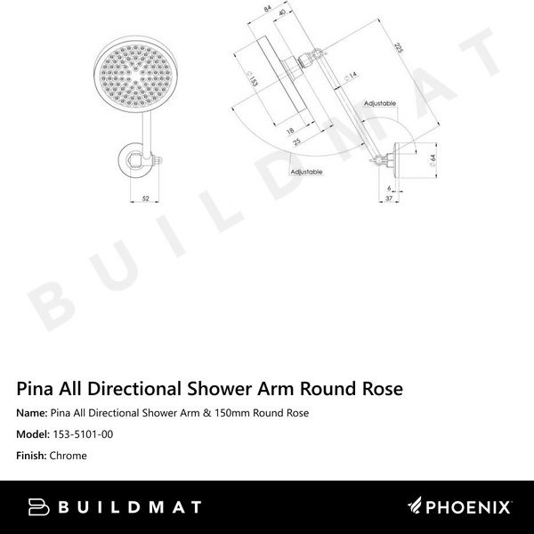 Phoenix Pina All Directional Shower Arm & 150mm Round Rose Chrome