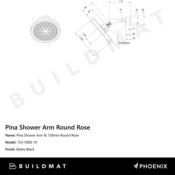 Phoenix Pina Shower Arm & 150mm Round Rose Matte Black