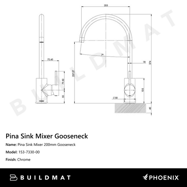 Phoenix Pina Sink Mixer 200mm Gooseneck Chrome