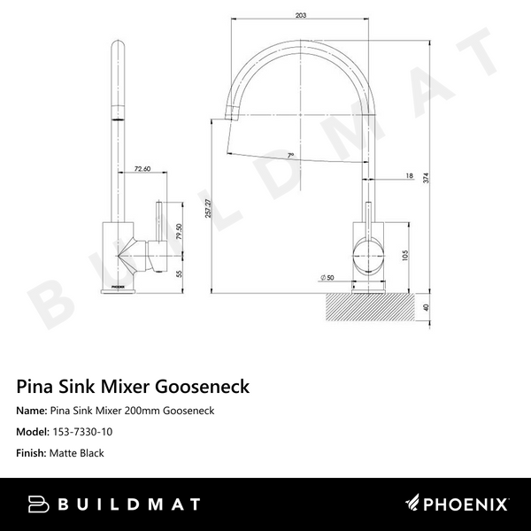 Phoenix Pina Sink Mixer 200mm Gooseneck Matte Black