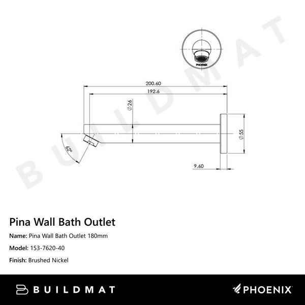 Phoenix Pina Wall Bath / Basin Outlet 180mm Brushed Nickel