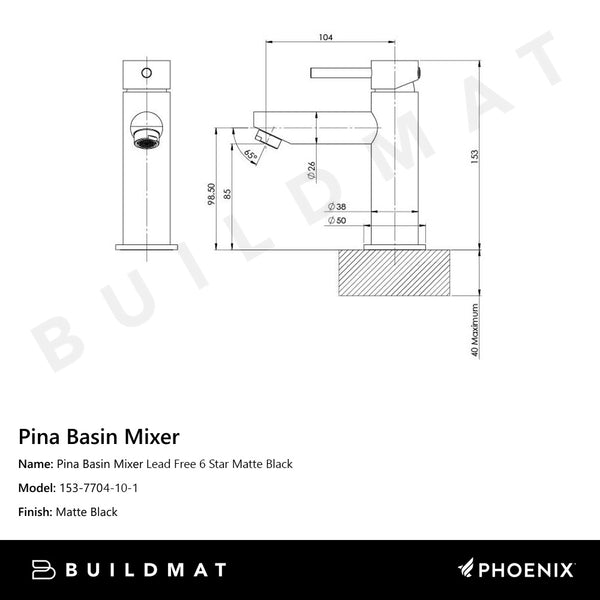 Phoenix Pina Basin Mixer Lead Free 6 Star Matte Black
