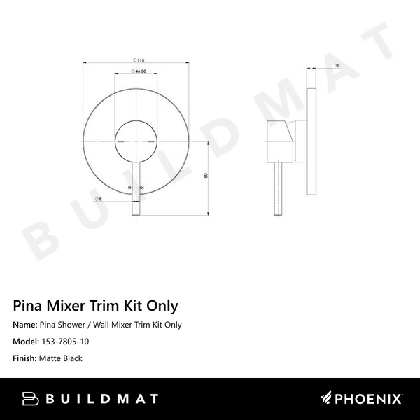 Phoenix Pina Shower / Wall Mixer (Trim Kit Only) Matte Black