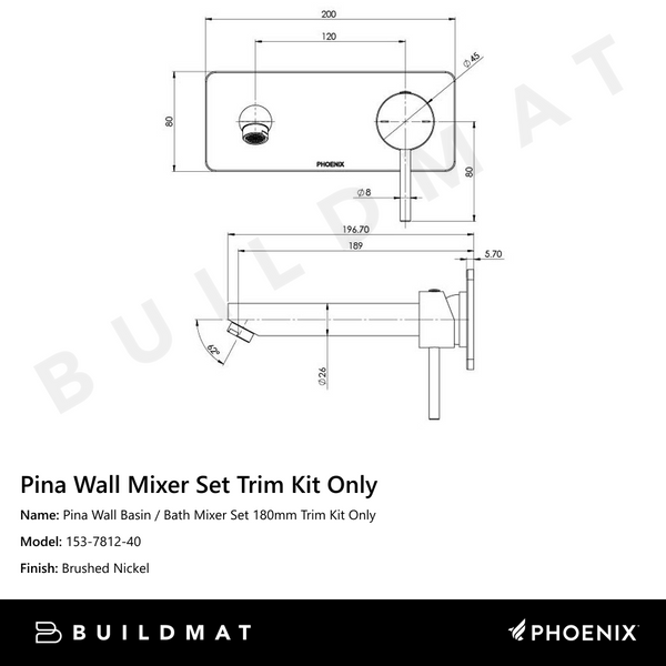 Phoenix Pina Wall Basin / Bath Mixer Set 180mm (Trim Kit Only) Brushed Nickel