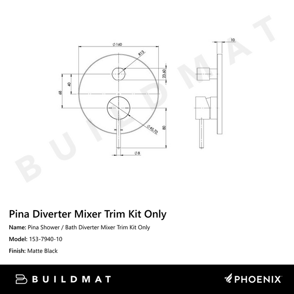 Phoenix Pina Shower / Bath Diverter Mixer (Trim Kit Only) Matte Black