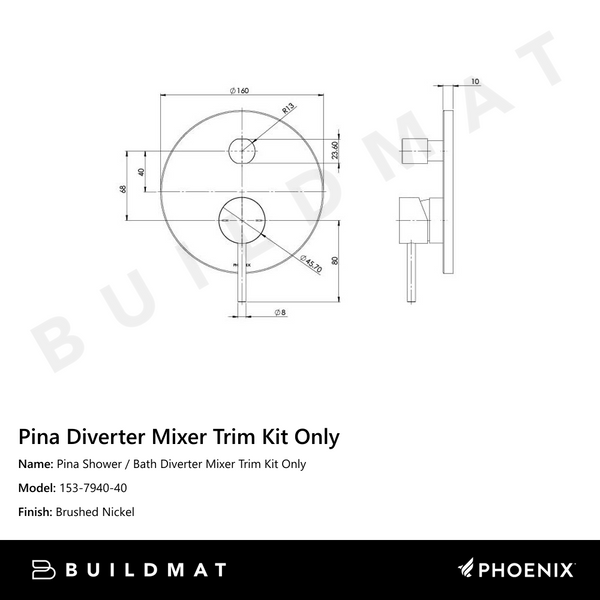 Phoenix Pina Shower / Bath Diverter Mixer (Trim Kit Only) Brushed Nickel