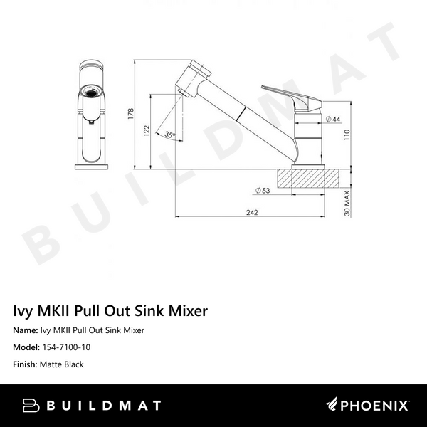 Phoenix Ivy MKII Pull Out Sink Mixer with Veggie Spray Matte Black