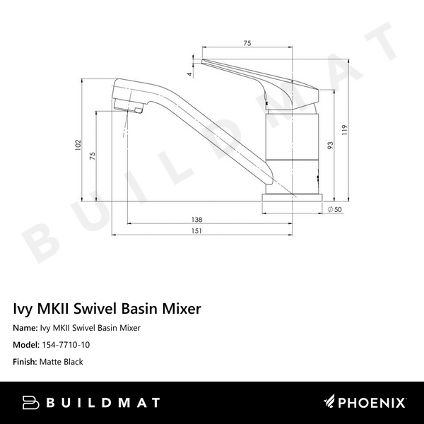 Phoenix Ivy MKII Swivel Basin Mixer Matte Black