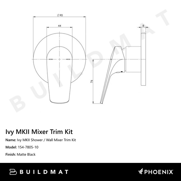 Phoenix Ivy MKII Shower / Wall Mixer (Trim Kit Only) Matte Black