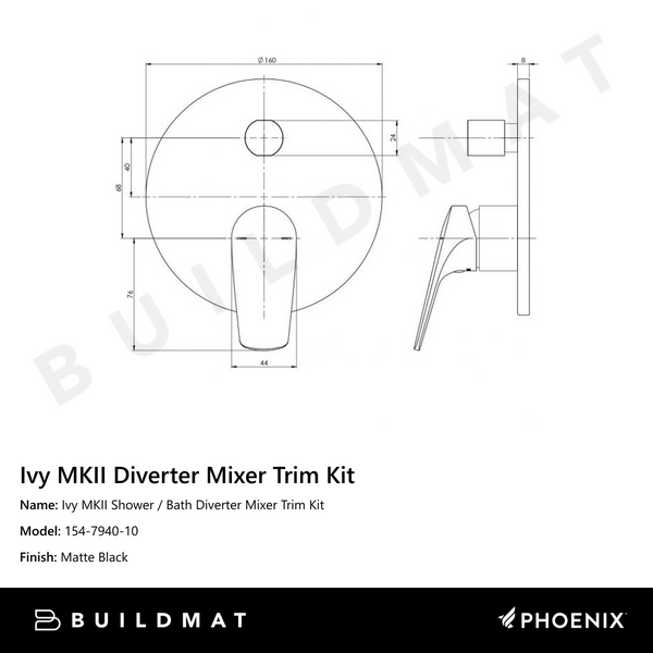 Phoenix Ivy MKII Diverter Mixer (Trim Kit Only) Matte Black