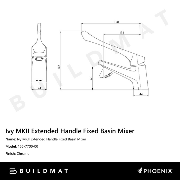 Phoenix Ivy MKII Extended Handle Fixed Basin Mixer Chrome