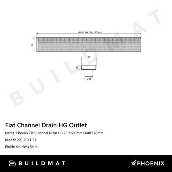 Phoenix Flat Channel Drain HG 75 x 600mm Outlet 45mm Stainless Steel
