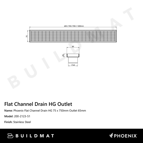 Phoenix Flat Channel Drain HG 75 x 750mm Outlet 65mm Stainless Steel