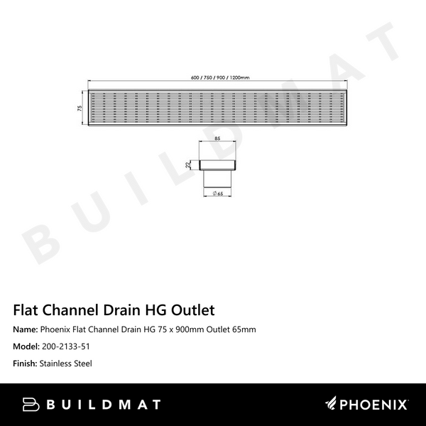 Phoenix Flat Channel Drain HG 75 x 900mm Outlet 65mm Stainless Steel