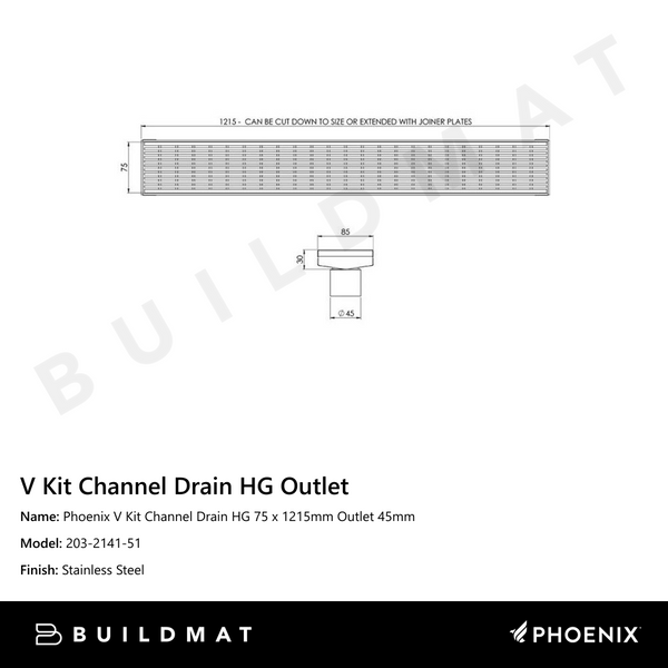 Phoenix V KIT Channel Drain HG 75 x 1215mm Outlet 45mm Stainless Steel