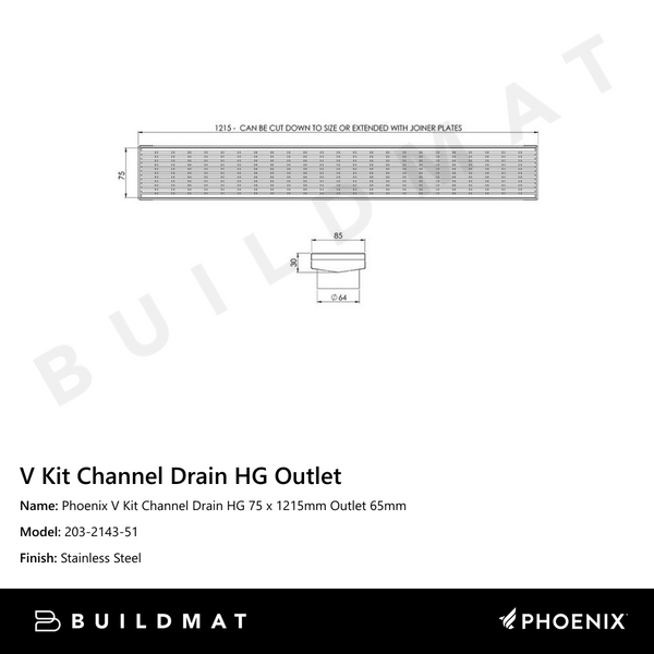 Phoenix V KIT Channel Drain HG 75 x 1215mm Outlet 65mm Stainless Steel