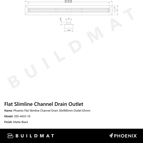 Phoenix Flat Slimline Channel Drain 30x900mm Outlet 65mm   Matte Black