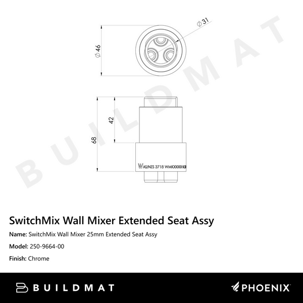 Phoenix SwitchMix Wall Mixer 25mm Extended Seat Assy Chrome