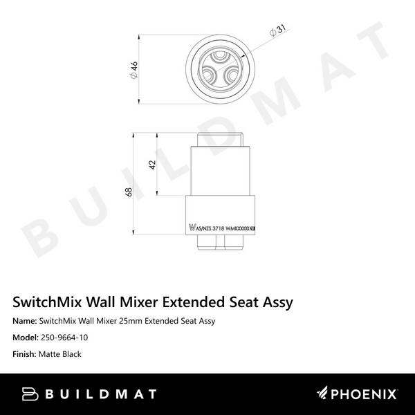 Phoenix SwitchMix Wall Mixer 25mm Extended Seat Assy Matte Black