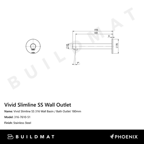 Phoenix Vivid Slimline SS 316 Wall Basin / Bath Outlet 180mm Stainless Steel
