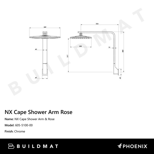 Phoenix NX Cape Shower Arm & Rose Chrome