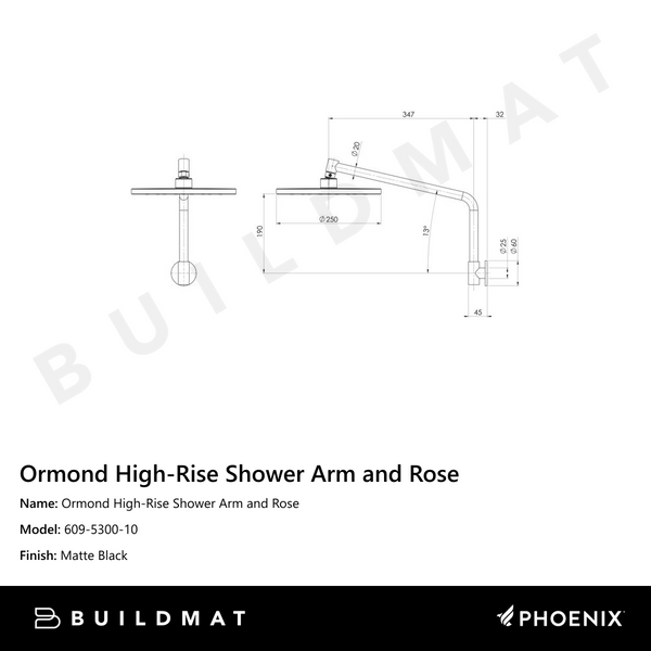 Phoenix Ormond High-Rise Shower Arm & Rose Matte Black