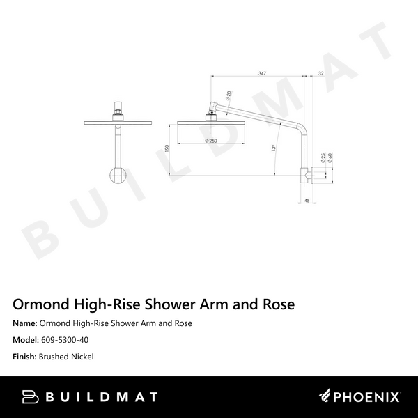 Phoenix Ormond High-Rise Shower Arm & Rose Brushed Nickel