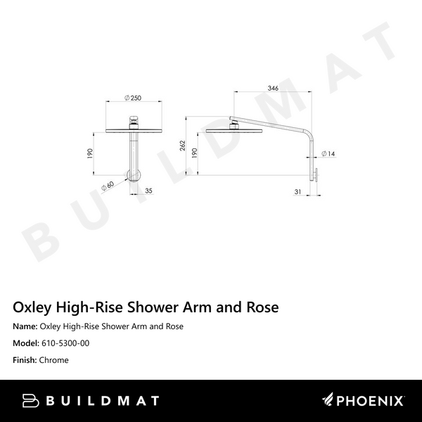 Phoenix Oxley High-Rise Shower Arm & Rose Chrome