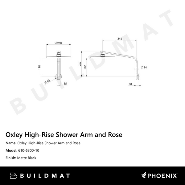 Phoenix Oxley High-Rise Shower Arm & Rose Matte Black