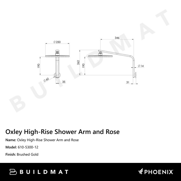 Phoenix Oxley High-Rise Shower Arm & Rose Brushed Gold