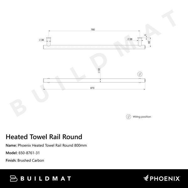 Phoenix Heated Towel Rail Round 800mm Brushed Carbon
