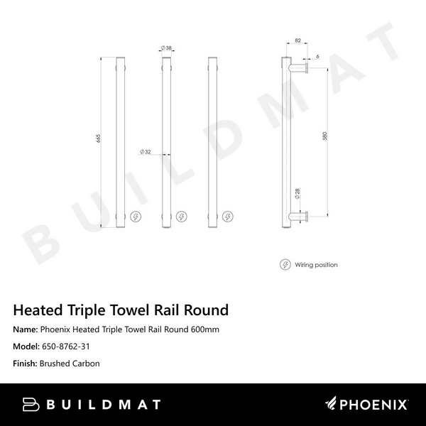 Phoenix Heated Triple Towel Rail Round 600mm Brushed Carbon