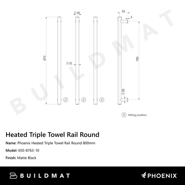 Phoenix Heated Triple Towel Rail Round 800mm Matte Black