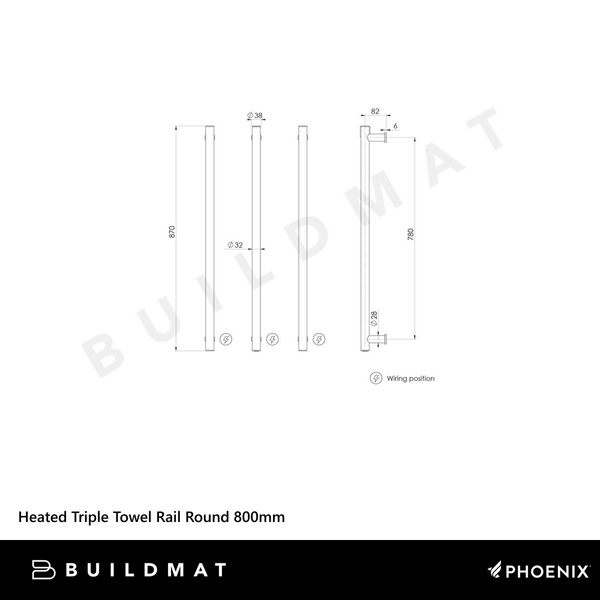 Phoenix Heated Triple Towel Rail Round 800mm Brushed Bronze