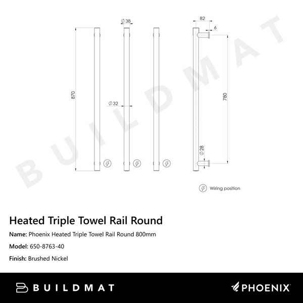 Phoenix Heated Triple Towel Rail Round 800mm Brushed Nickel