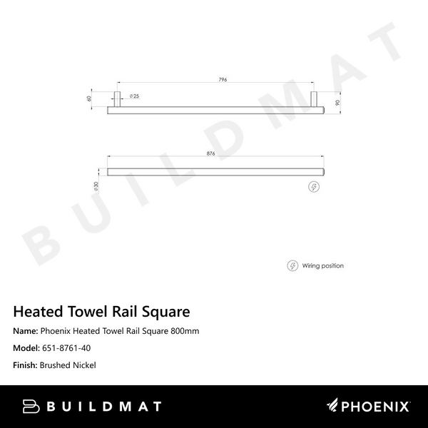 Phoenix Heated Towel Rail Square 800mm Brushed Nickel