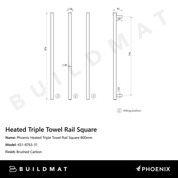 Phoenix Heated Triple Towel Rail Square 800mm Brushed Carbon