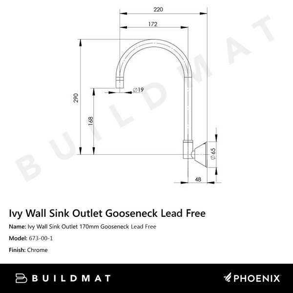 Phoenix Ivy Wall Sink Outlet 170mm Gooseneck Chrome Lead Free