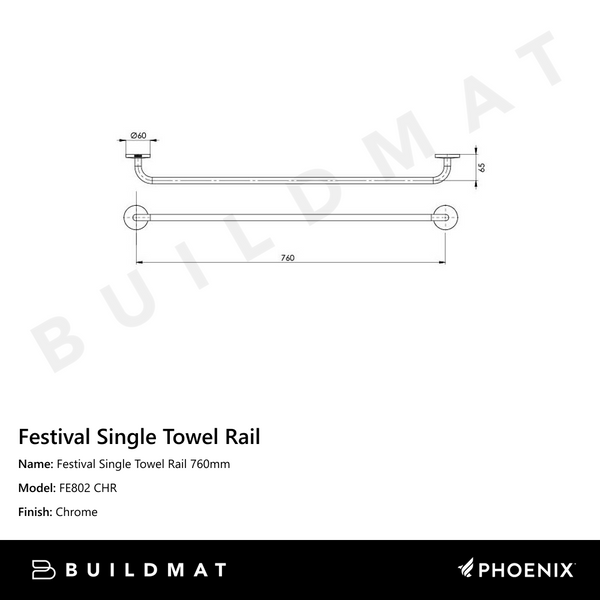 Phoenix Festival Single Towel Rail 760mm Chrome
