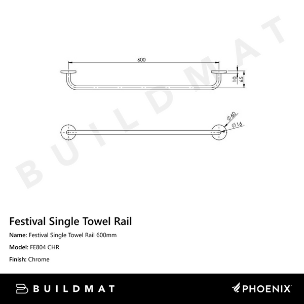 Phoenix Festival Single Towel Rail 600mm Chrome
