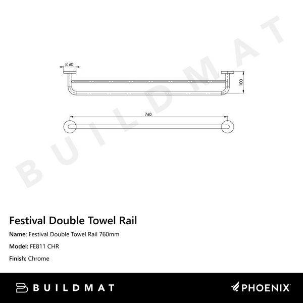 Phoenix Festival Double Towel Rail 760mm Chrome