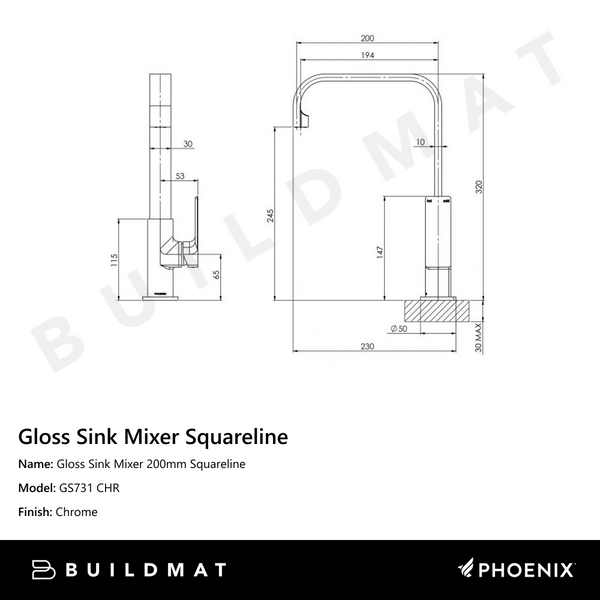 Phoenix Gloss Sink Mixer 200mm Squareline Chrome