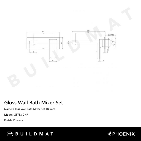 Phoenix Gloss Wall Bath Mixer Set 180mm Chrome