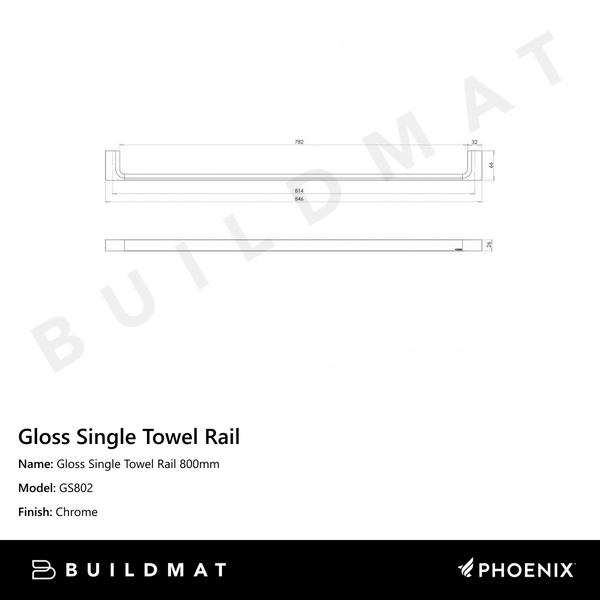 Phoenix Gloss Single Towel Rail 800mm Chrome