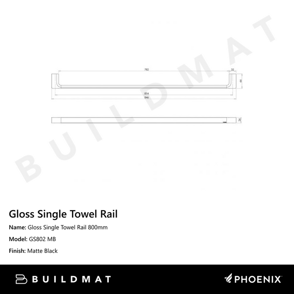 Phoenix Gloss Single Towel Rail 800mm Matte Black