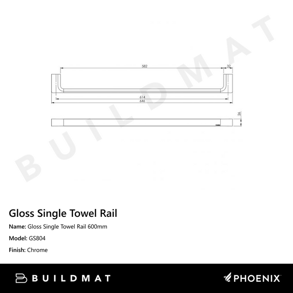 Phoenix Gloss Single Towel Rail 600mm Chrome