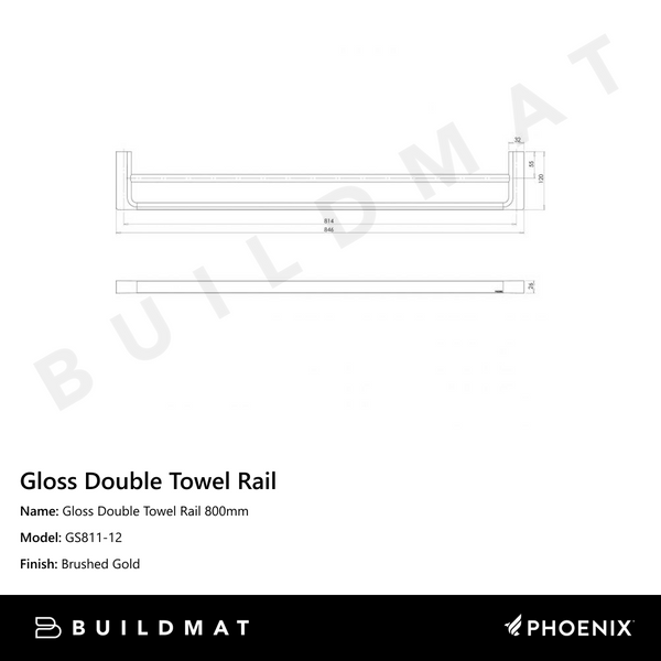 Phoenix Gloss Double Towel Rail 800mm Brushed Gold